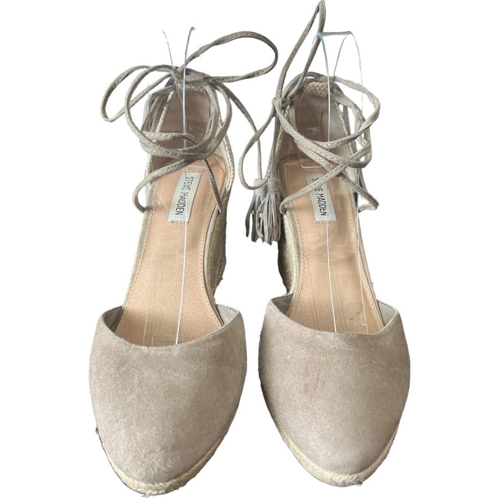 Steve Madden Grey Beige Suede Espadrille Wedge Lace Up Woven Braided Heel 11